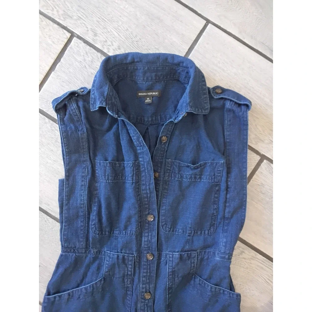 Banana Republic Linen Cotton Utility Jumpsuit Indigo Blue Sleeveless XS Romper